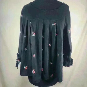 Lauren Conrad Embroidered Black Large Baby Doll BoHo Top Sleeve Bows‎ Sheer Yoke